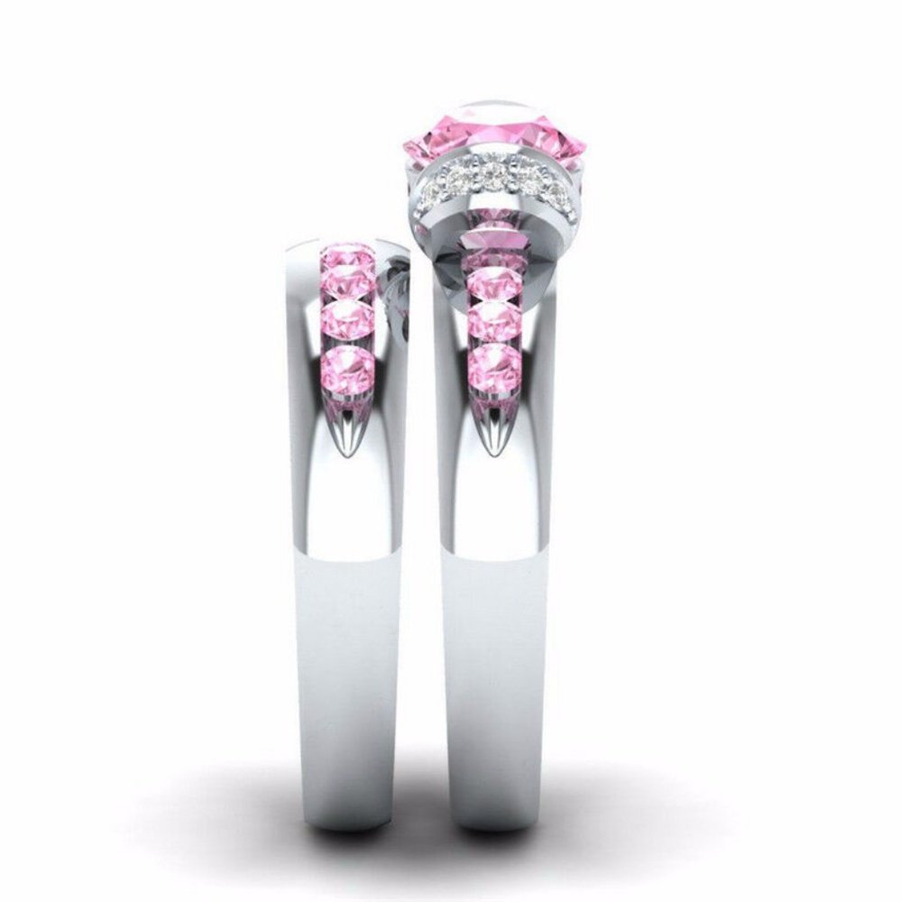 New 2pc 925 Silver Round Cut Pink Sapphire Ring - Picture 3 of 4